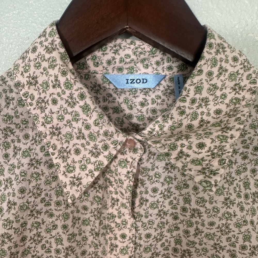 Izod Womens Floral Button Down Shirt Pink Green Cotton Roll Tab Sleeve